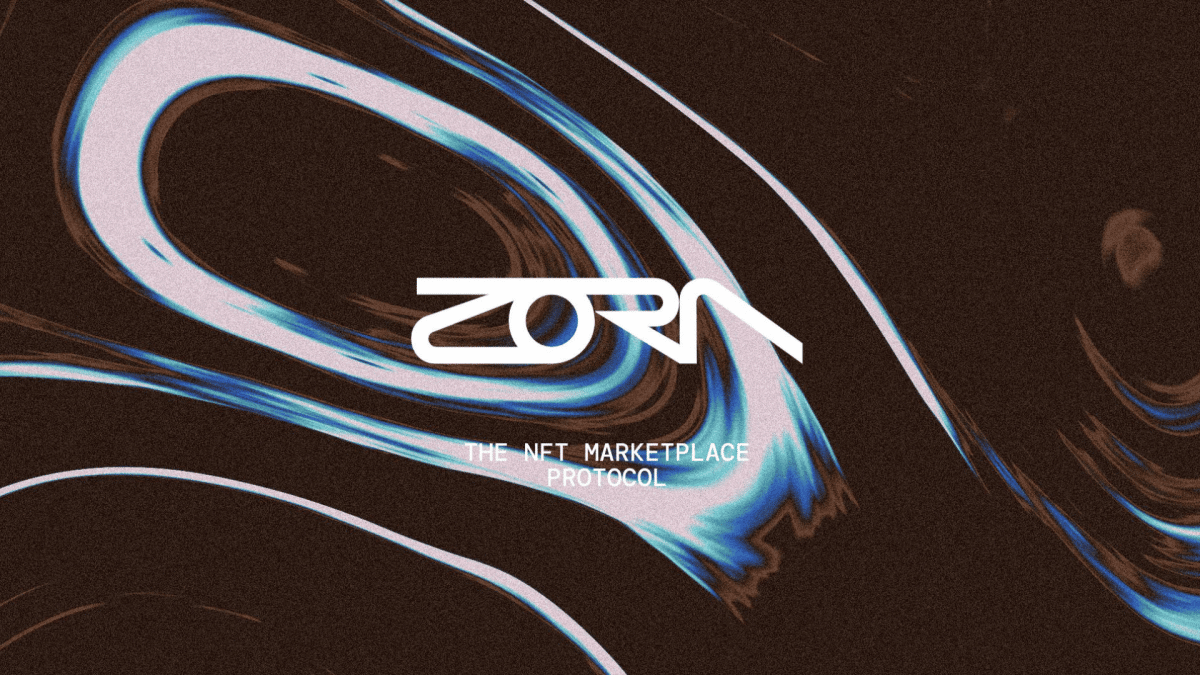 una imagen del logotipo del mercado de Zora NFT pegado en una obra de arte futurista