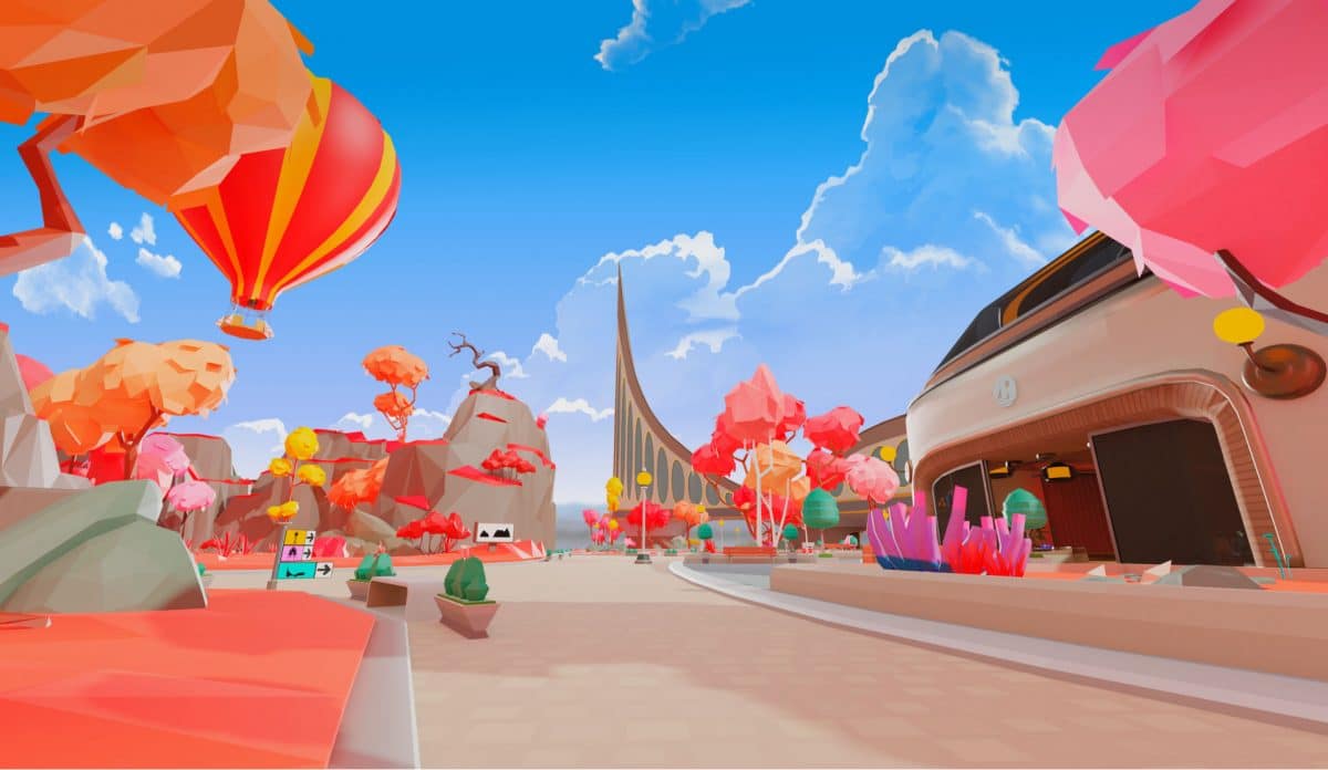 A virutal city with blue skies and pink trees is shown.