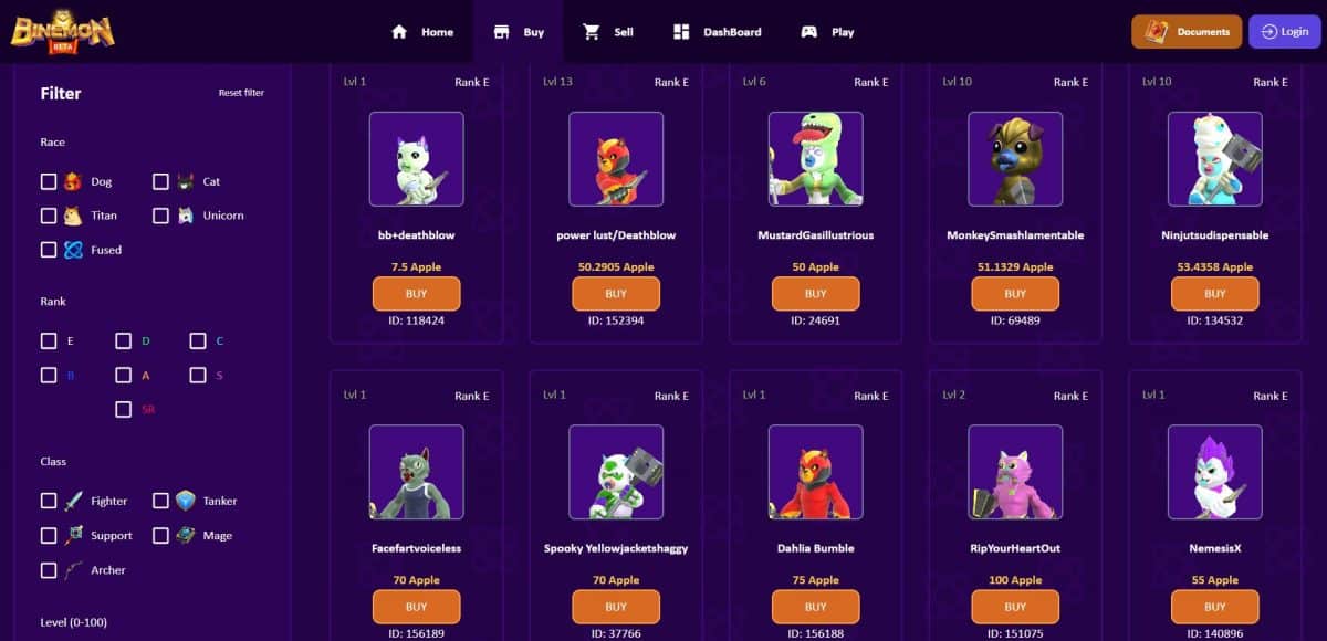 screenshot from the official Binemon NFT marketplace where users can buy pet NFTs with the APPLE token