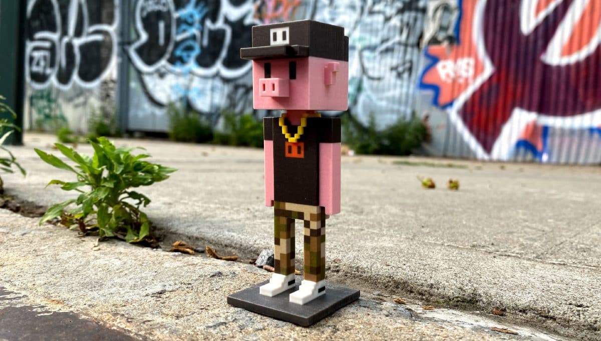 A cartoon pig wearing a hat and a chain stands in a field in support of the Meebits Album.