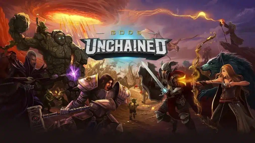 Una imagen de fondo de pantalla del juego Gods Unchained con varios personajes en un entorno de zona de guerra.