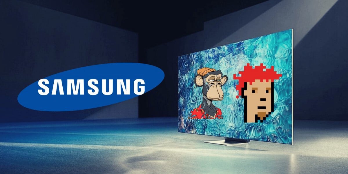 a Samsung logo displayed beside a Samsung smart LED tv with Bored Ape and CryptoPunk NFTs on the screen.