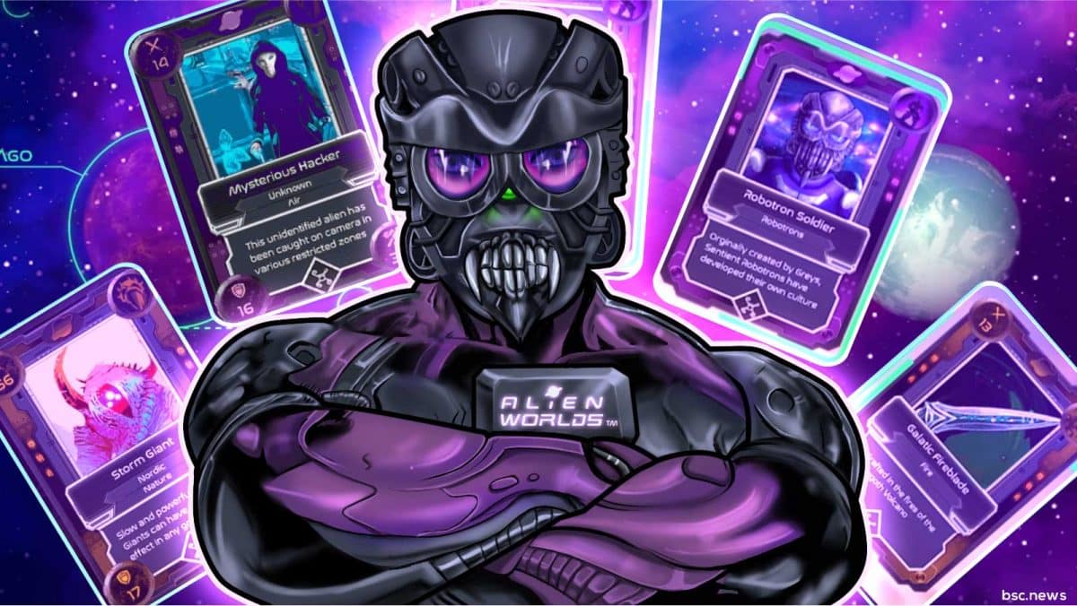 An Alien World game character standing in front of Alien World NFT trading cards