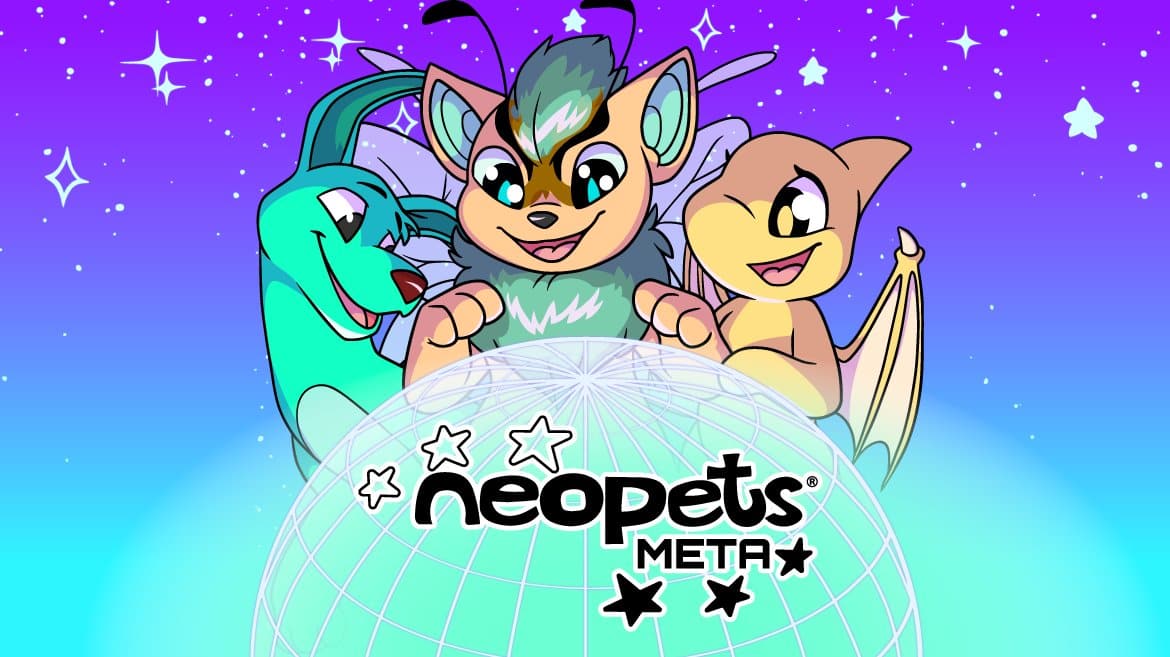 a logo of Neopets Metaverse game with 3 Neopet characters