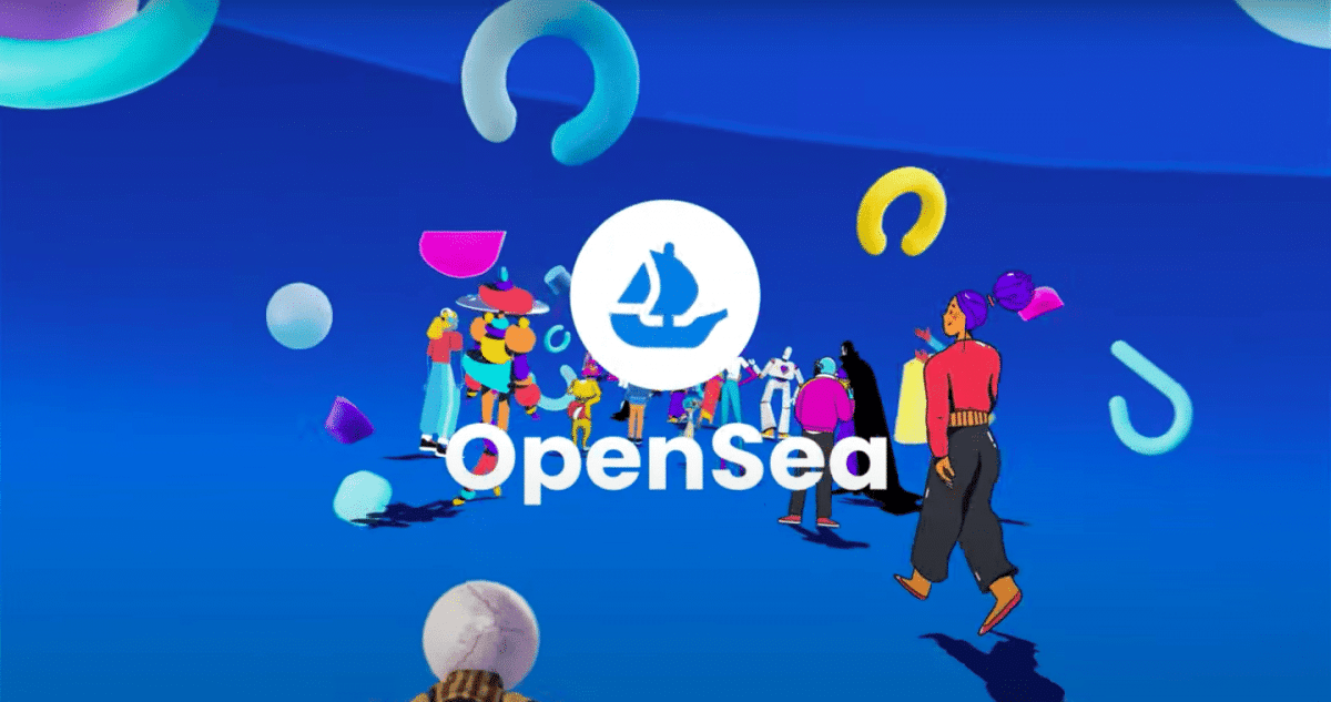 Un grupo de personajes de dibujos animados se reúne detrás de un logotipo para apoyar la función de barrido de OpenSea.