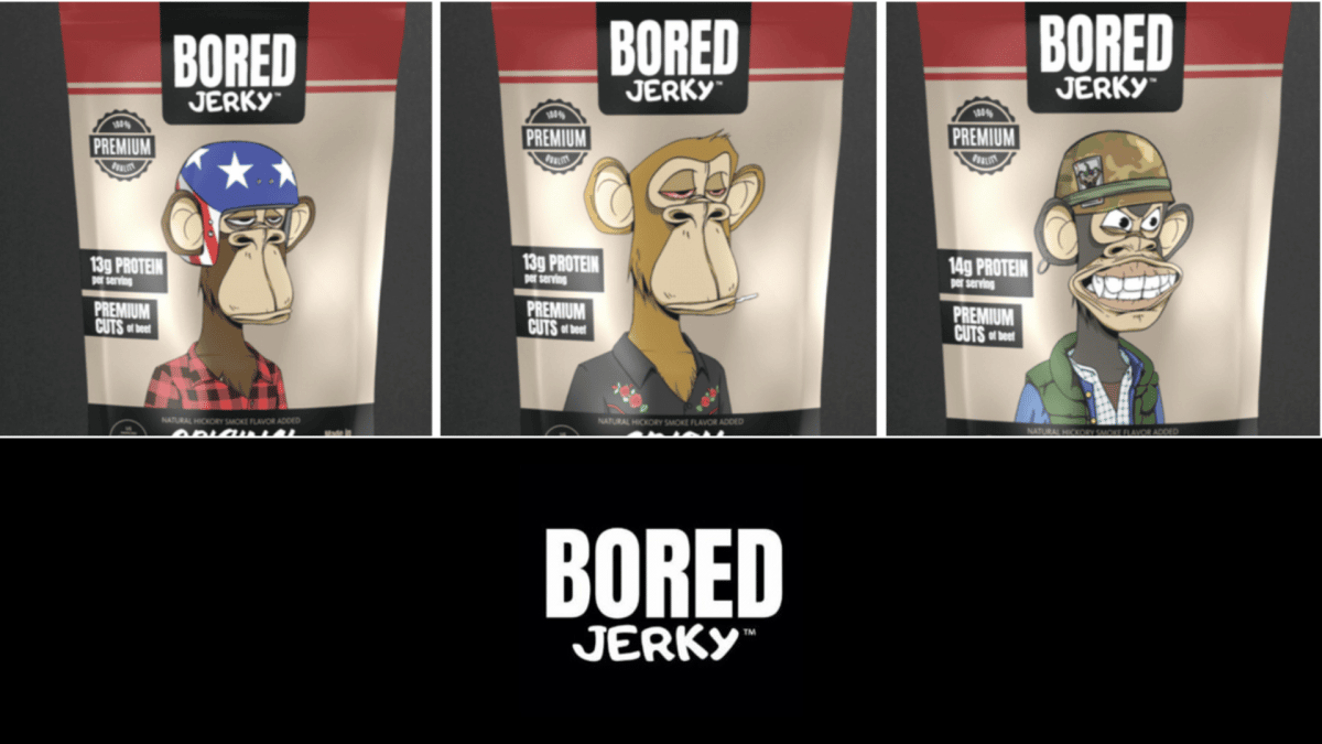 una imagen de los 3 sabores de Bored Jerky de Nelk Boys junto al logo oficial de Bored Jerky.