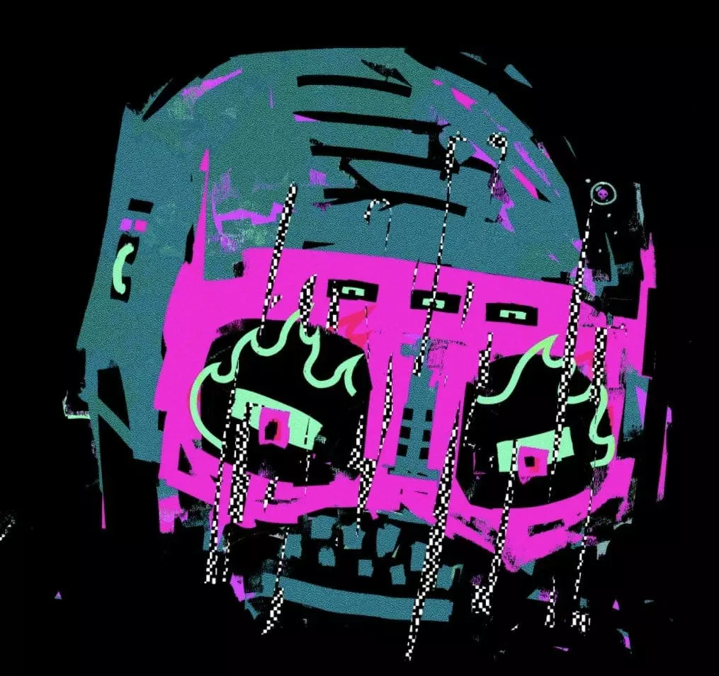 Glitch art skeleton in pink by NFT artist XCOPY