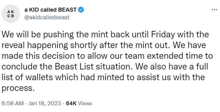 captura de pantalla de un anuncio de Twitter de un NIÑO llamado proyecto BEAST NFT