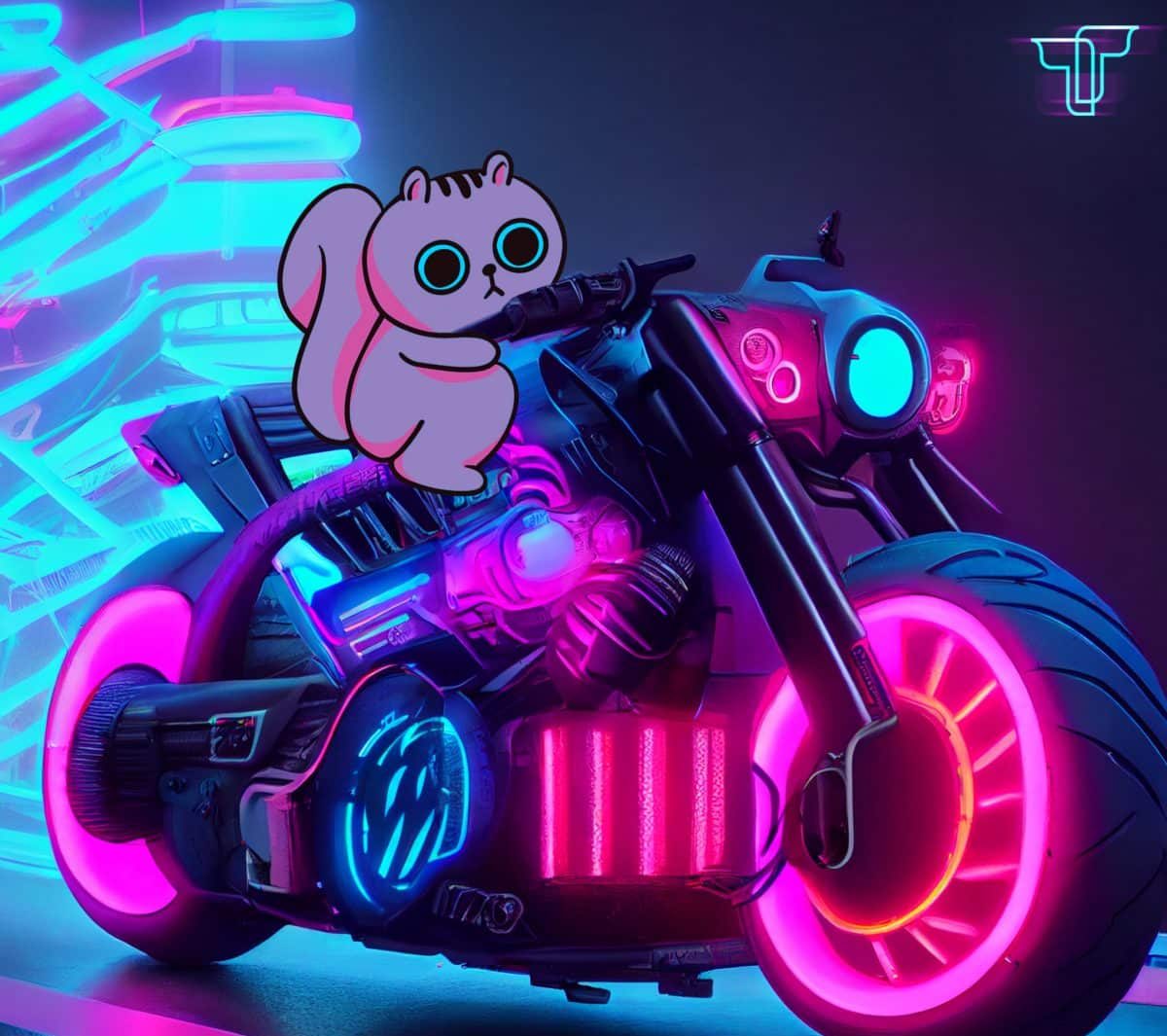 NFTTCity features the savior of web3, TT, riding a futuristic motorcycle.