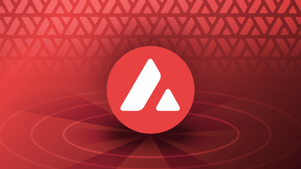 The symbol for the Avalanche blockchain is displayed against a red background.