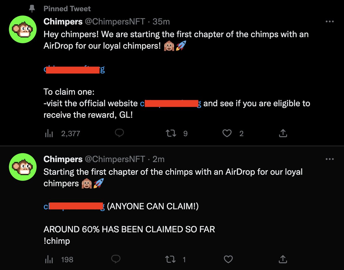 Captura de pantalla de los mensajes de Chimpers Discord después de ser pirateados