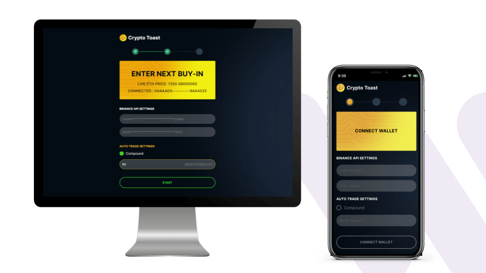 Crypto Toast platform showcased in both desktop and mobile.