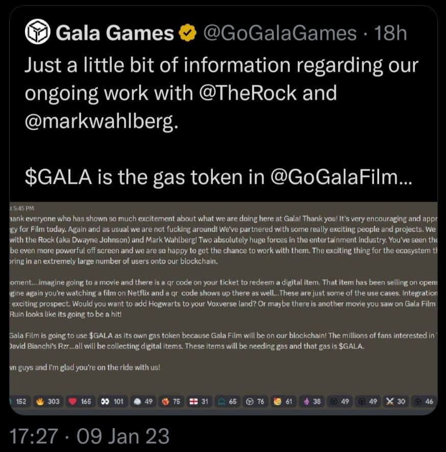 screenshot of a Twitter announcement by Gala Games revealing its partnership with The Rock