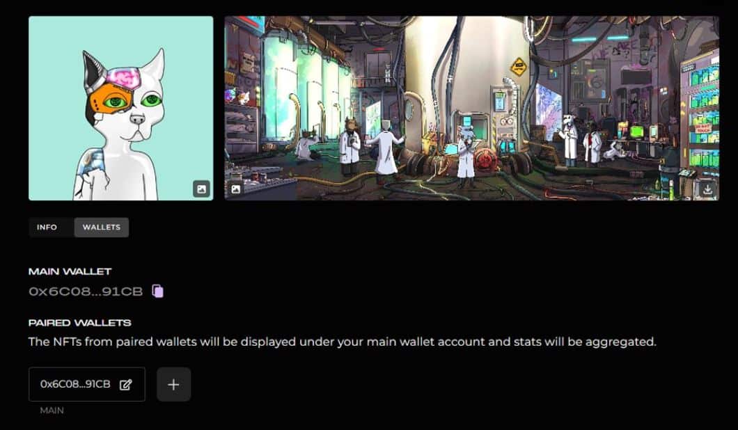 screenshot of a Gutter Cat Gang profile with paired wallets
