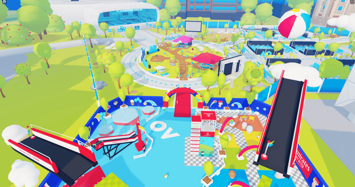 Imagen de un área de entretenimiento virtual con juegos y parques dentro de la experiencia AO23
