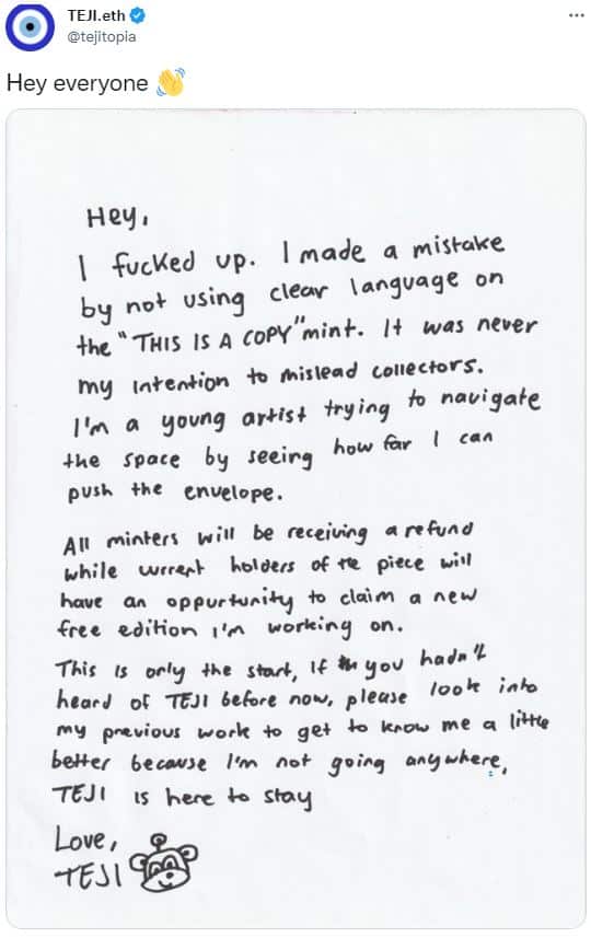 Captura de pantalla de una carta de disculpa publicada a través de Twitter por el artista TEJI de NFT