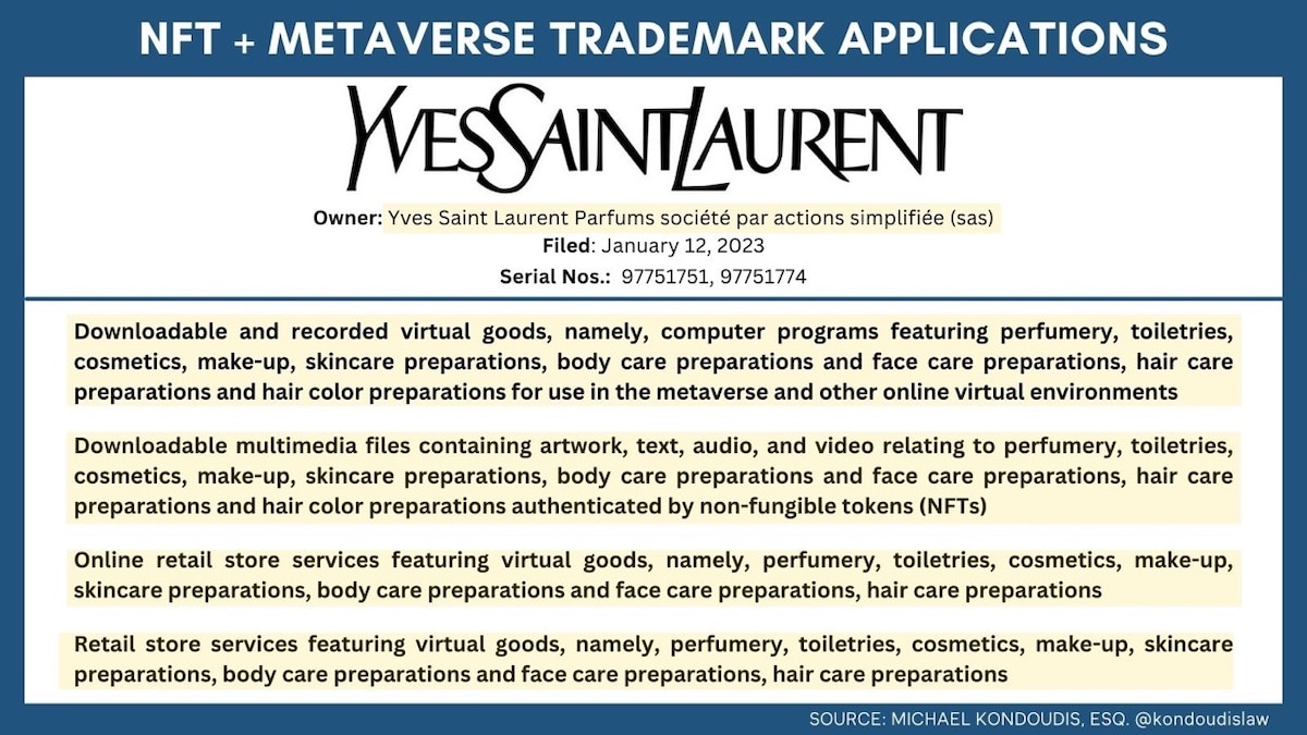 Yves Saint Laurent NFT and metaverse trademark applications