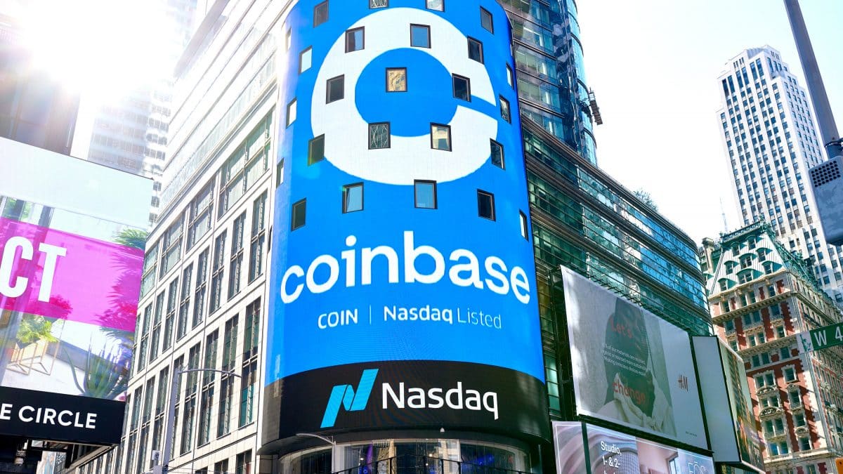 A picture on a signboard, the logo of Coinbase, one of the crypto companies announcing mass layoffs in 2023