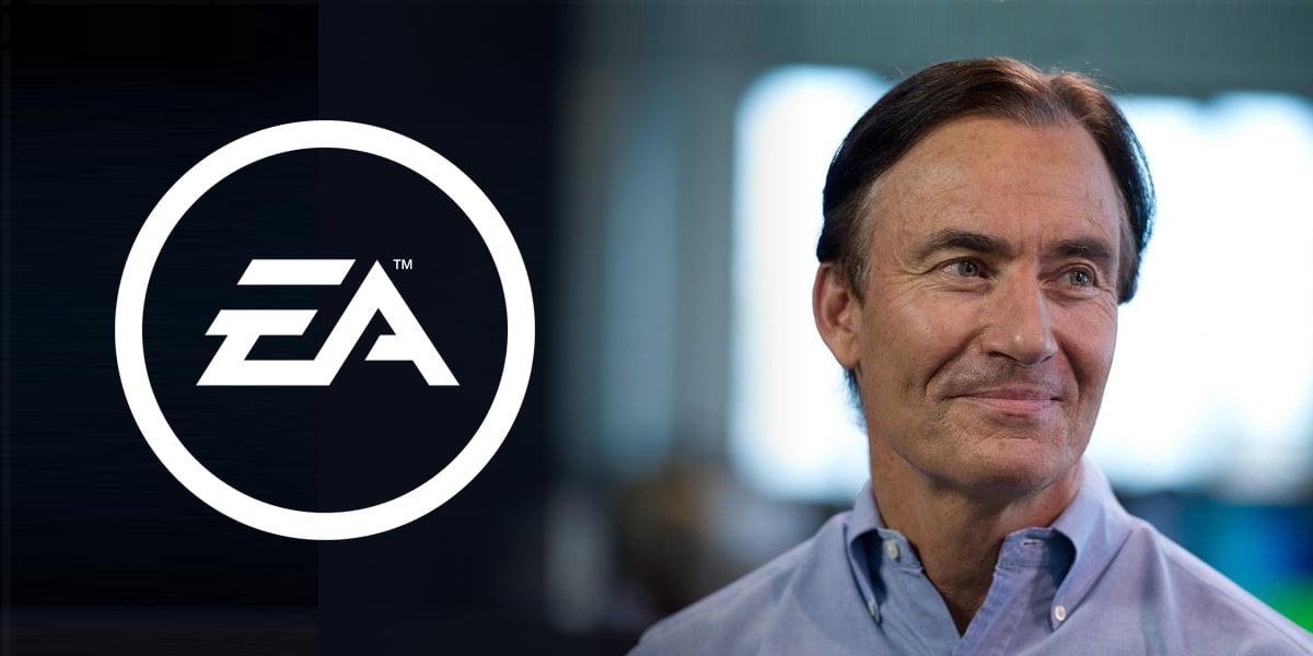 a picture of ex-EA CEO Trip Hawkins next to the EA logo