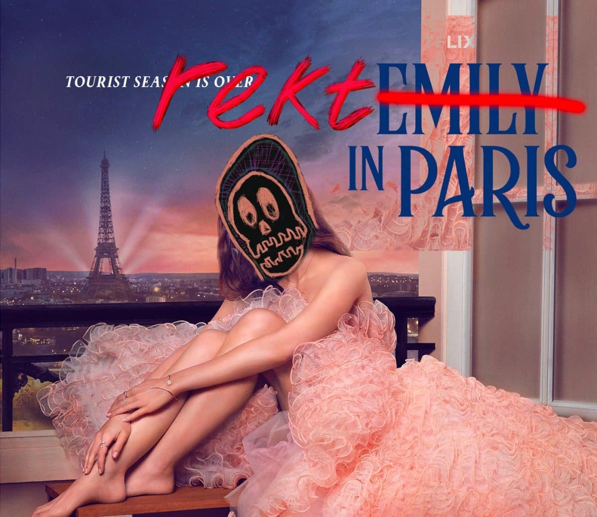 image of 'Emily in Paris' poster of woman sitting on window ledge in pink dress, but NFT of REKT guy is pasted over her face for NFT Paris