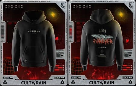 Front and back of a hoodie in CULT&RAIN's upcoming drop.