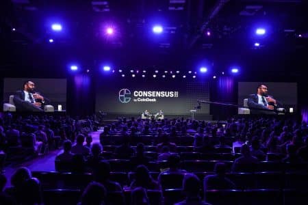 Consensus 2023 by coindesk large stage with speakers