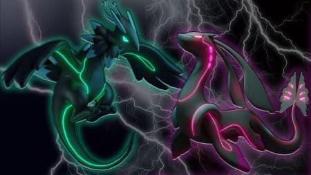 A green and purple genopet are seen floating in air with lightning behind them in support of the new Genopets Games.
