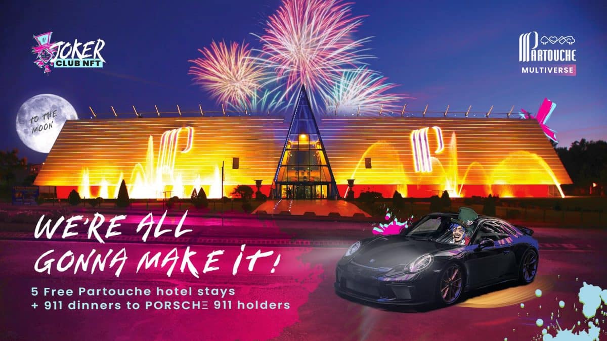 The official poster to announce the Joker Club by Partouche Verse x Porsche collaboration, with a Porsche 911 on the cover in front of one of the Partouche casinos.
