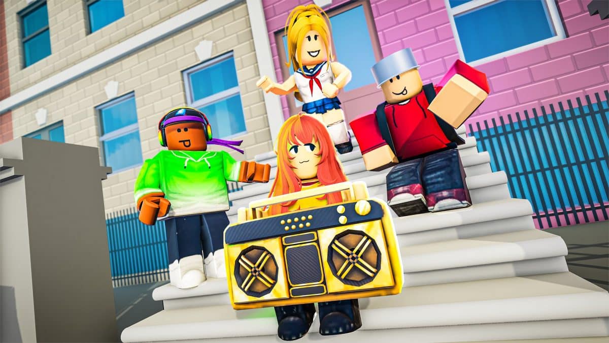 Four cartoon characters hang out with a boombox in support of Warner's Rhythm City.