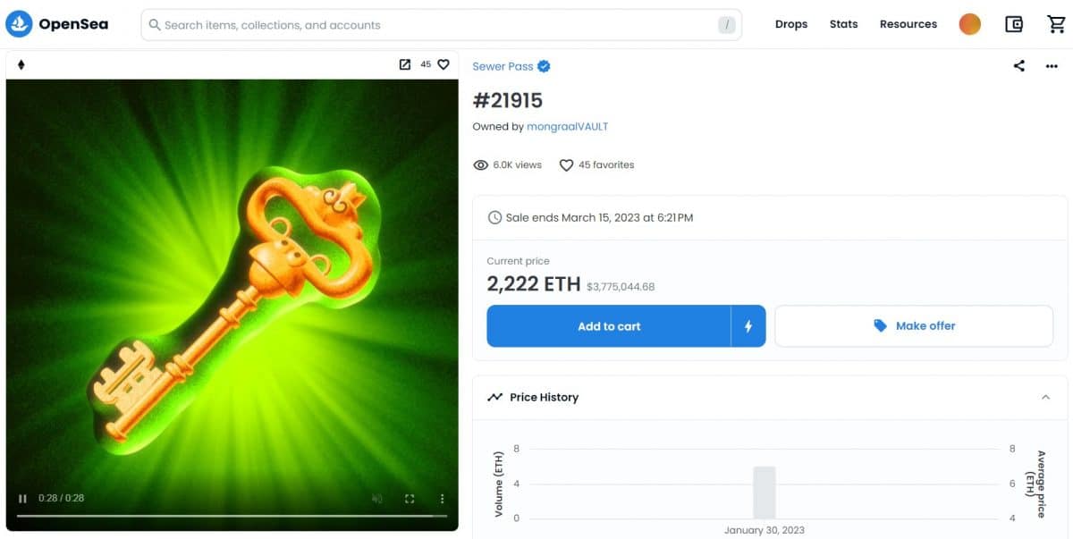 The Sewer Pass Golden Key listed on OpenSea for 2,222 ETH, given after Dookey Dash Results were public.