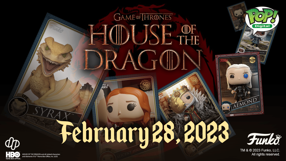 Aparece una imagen del póster oficial de house of the dragon funko pops, que presenta a los personajes favoritos de los fanáticos como cromos que albergan el estilo de juguete funko.