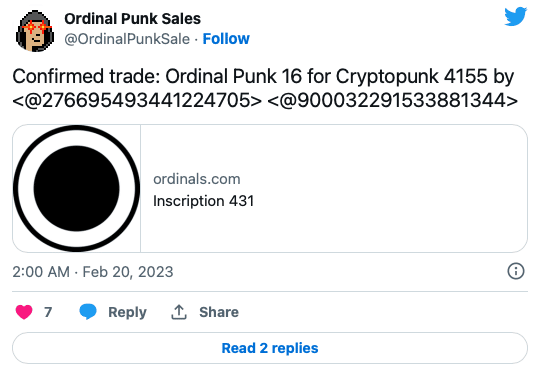 screenshot of 'ordinal punk sales' detailing the swap for a CryptoPunks or an ordinal punk nft ordinal punks
