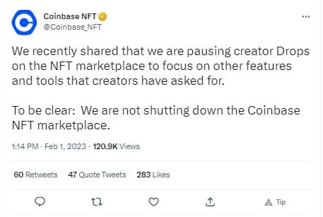Coinbase NFT announced pausing creator drops on their official Twitter account.