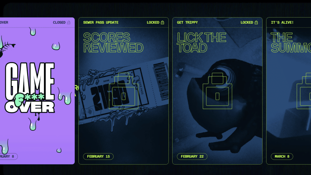a screenshot of the Yuga Labs Sewer Pass website that shows separate panels for the Dookey Dash timeline. The lick the toad event is set for February 22nd.