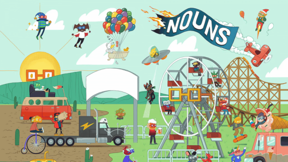 A picture of the official cover poster of the NounsDAO NFT comic book "Nountown"