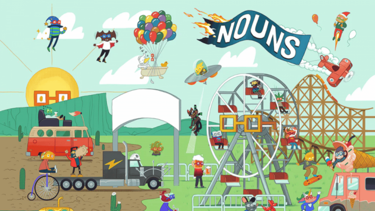 An image of the official cover poster for the NounsDAO NFT comic "Nountown"