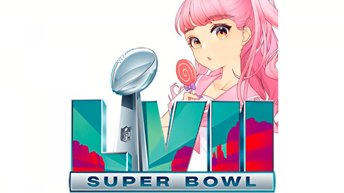 an animated anime Digidaigaku NFT character behind the Super Bowl LVII logo