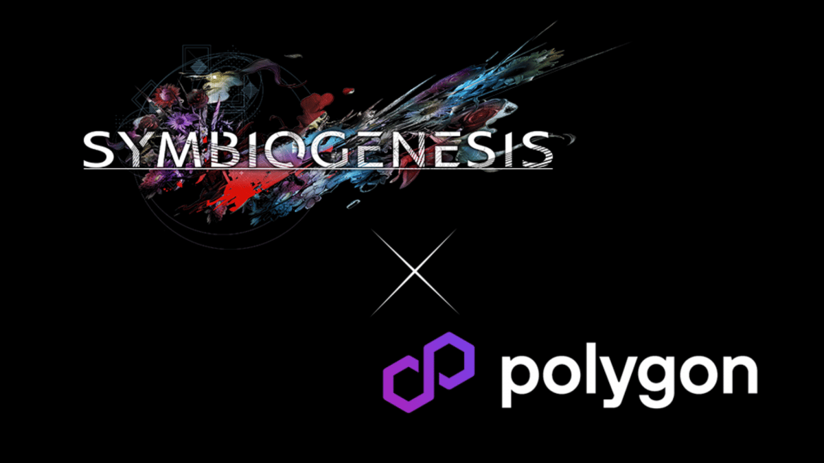 a picture with a black background, displaying logos of the Symbiogenesis web3 game and the Polygon sidechain