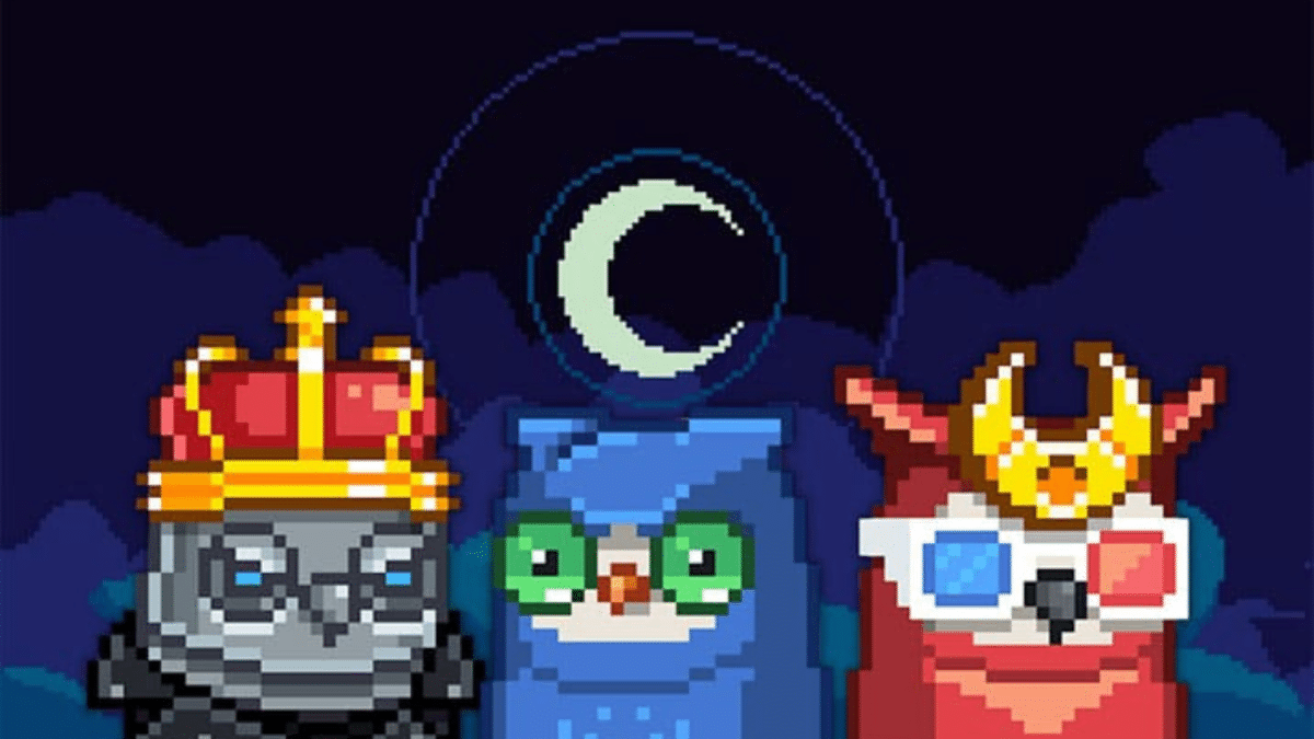 a picture of 3 moonbirds characters in front of a pixelated moon, to reflect their new DAO, the Lunar Society