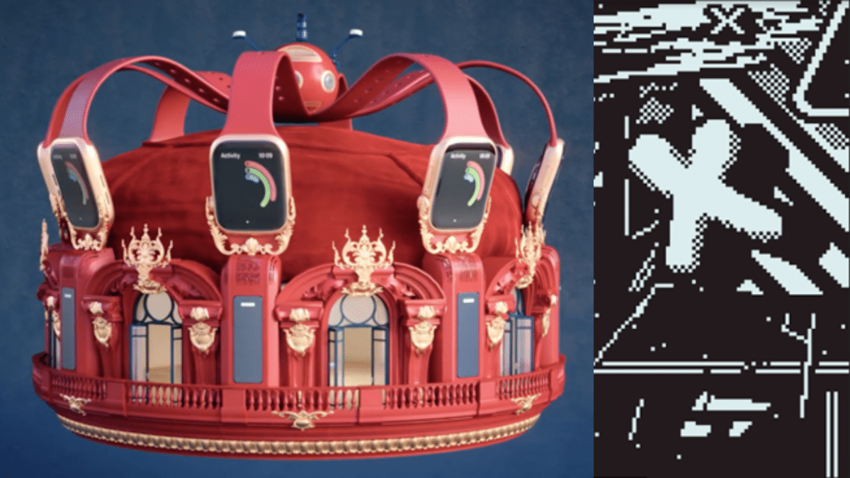 Digital image of red crown made of apple watches, which will be on display at NFT Paris