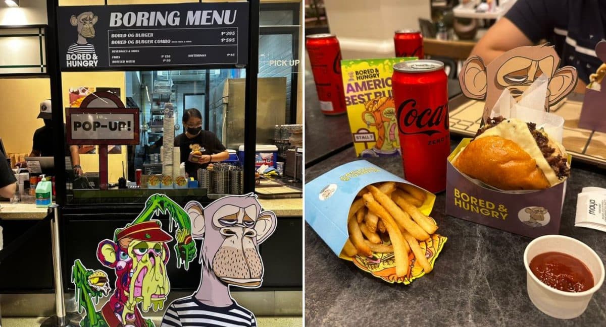 image of the burgers and pop-up featuring Bored Ape and Mutant Ape NFT avatars