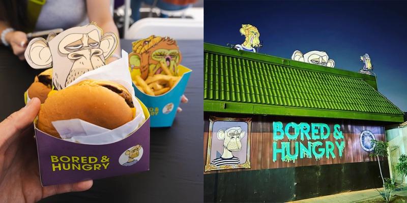 images of a bored and hungry burger with fries alongside the restaurant