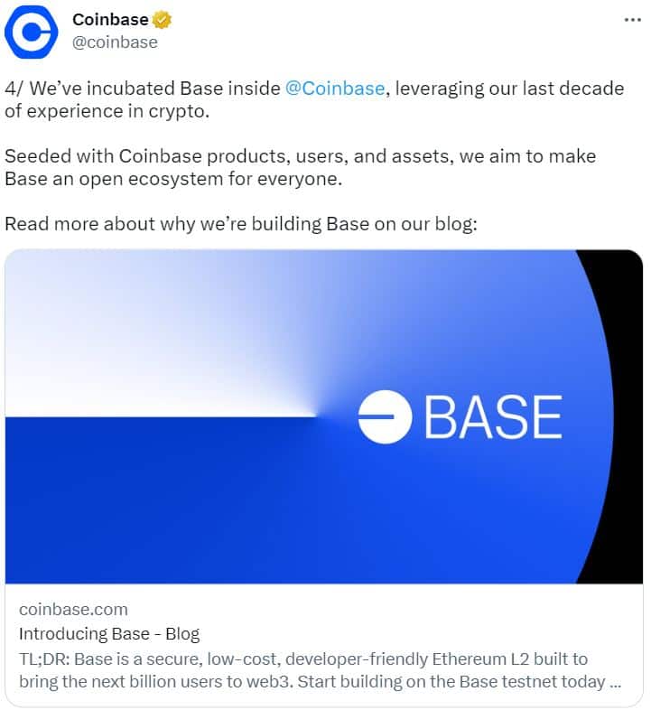 screenshot from a Coinbase NFT announcement for their new L2 scaling solution Base