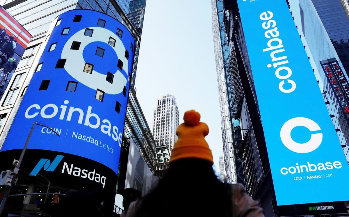 image of Coinbase logo on city skyscrapers