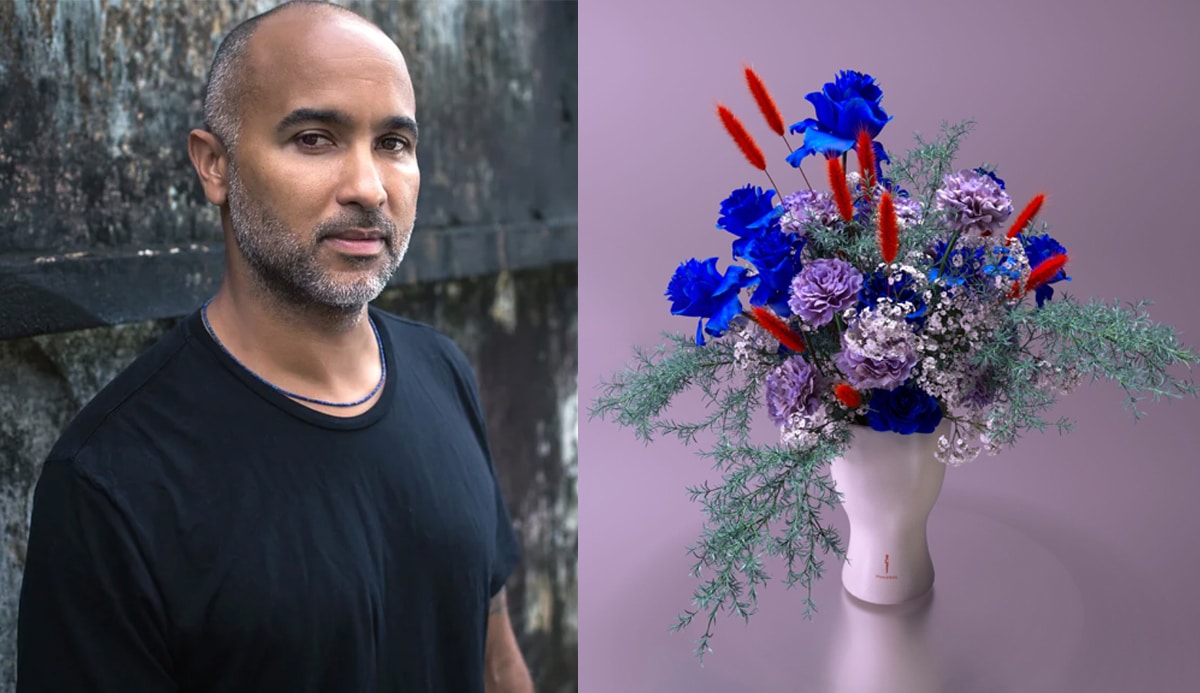 image portrait of a bodega owner alongside a NFT digital bouquet of flowers