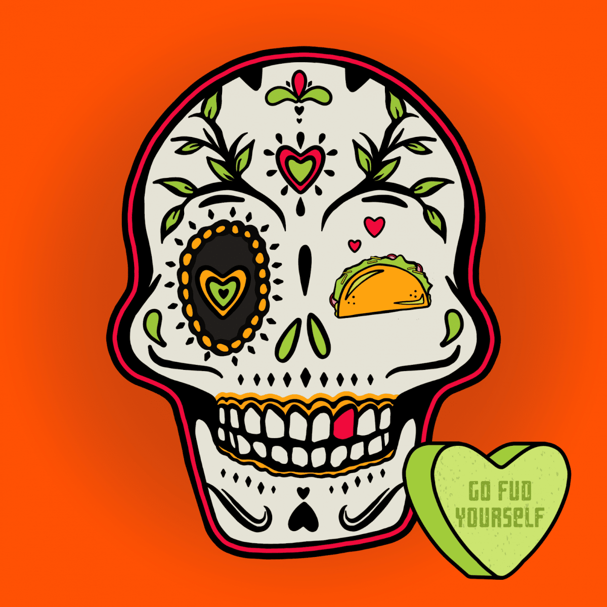 image of orange background with Mexican sugar skull and green heart candy for valentines nft gift