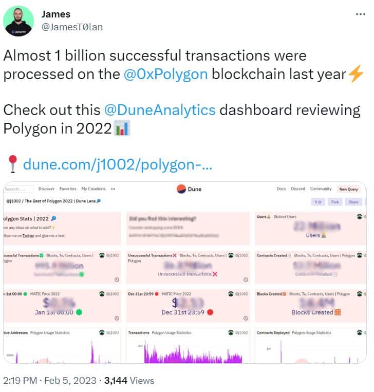 twitter screenshot of a Polygon vs. Ethereum report