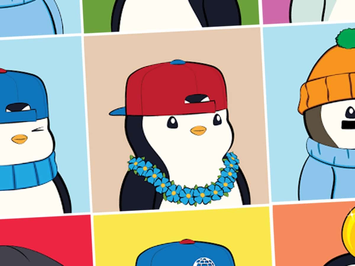 A collage of cartoon penguins are depicted on backgrounds of various colors in support of the Pudgy Penguins Paris event.
