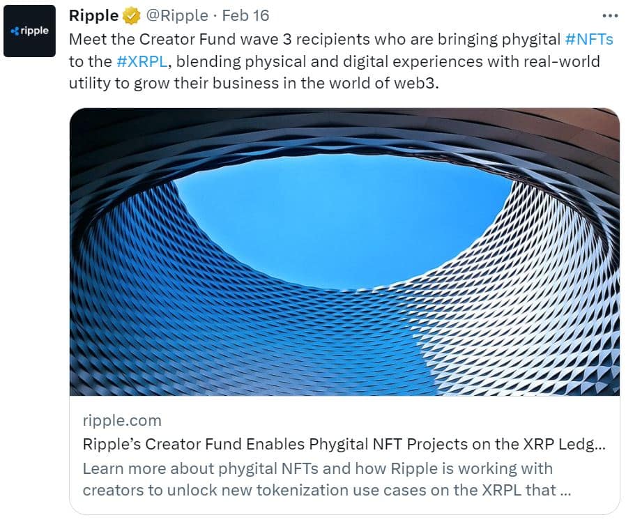 Twitter screenshot of a phygital NFT announcement from Ripple's Creator Fund
