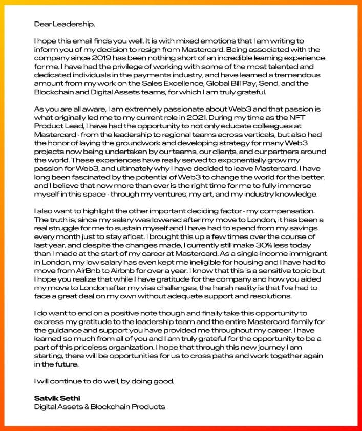 screenshot of Satvik Sethi's resignation letter NFT